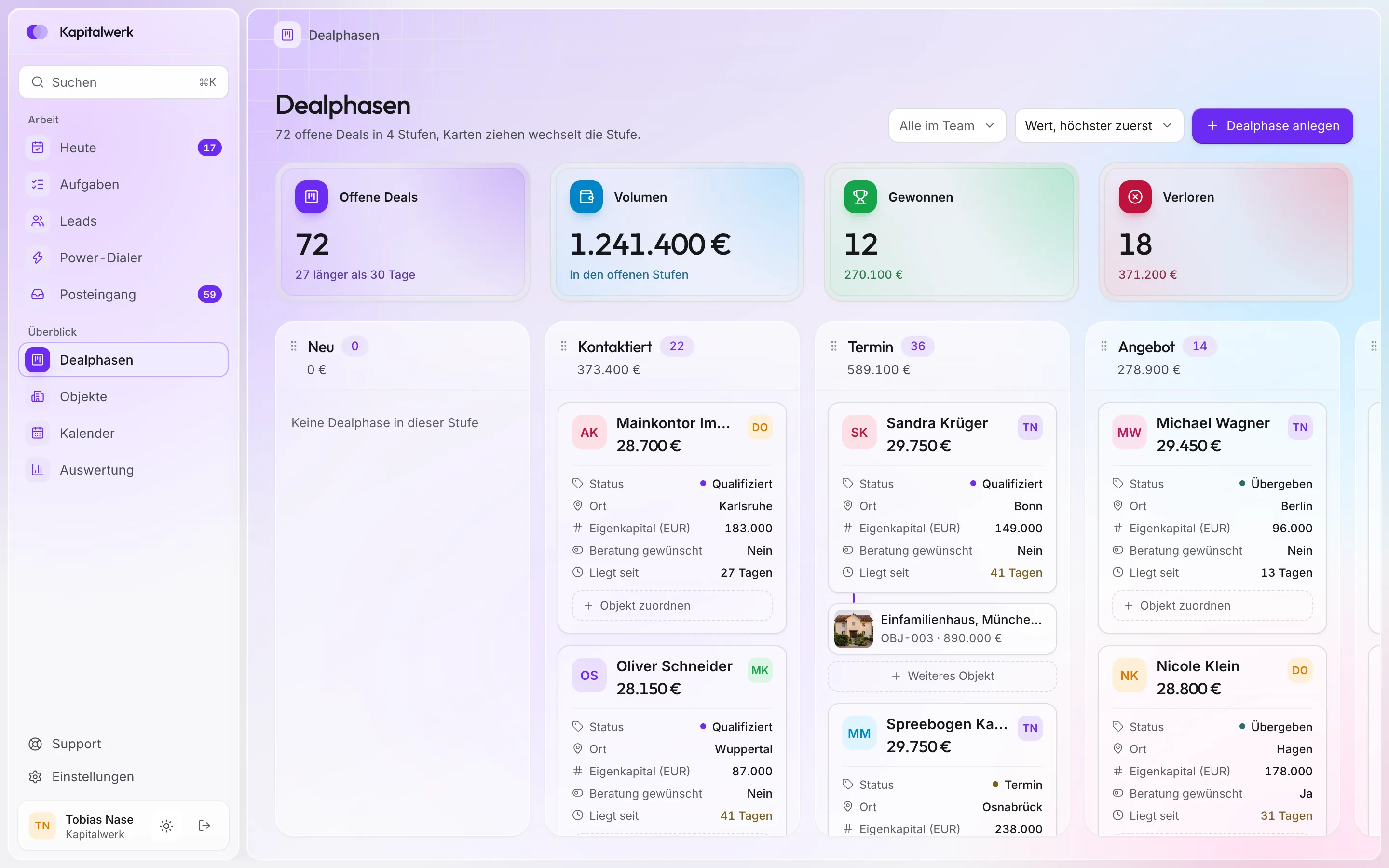 Dealphasen in ClosingHub als Spalten von Kontaktiert bis Gewonnen