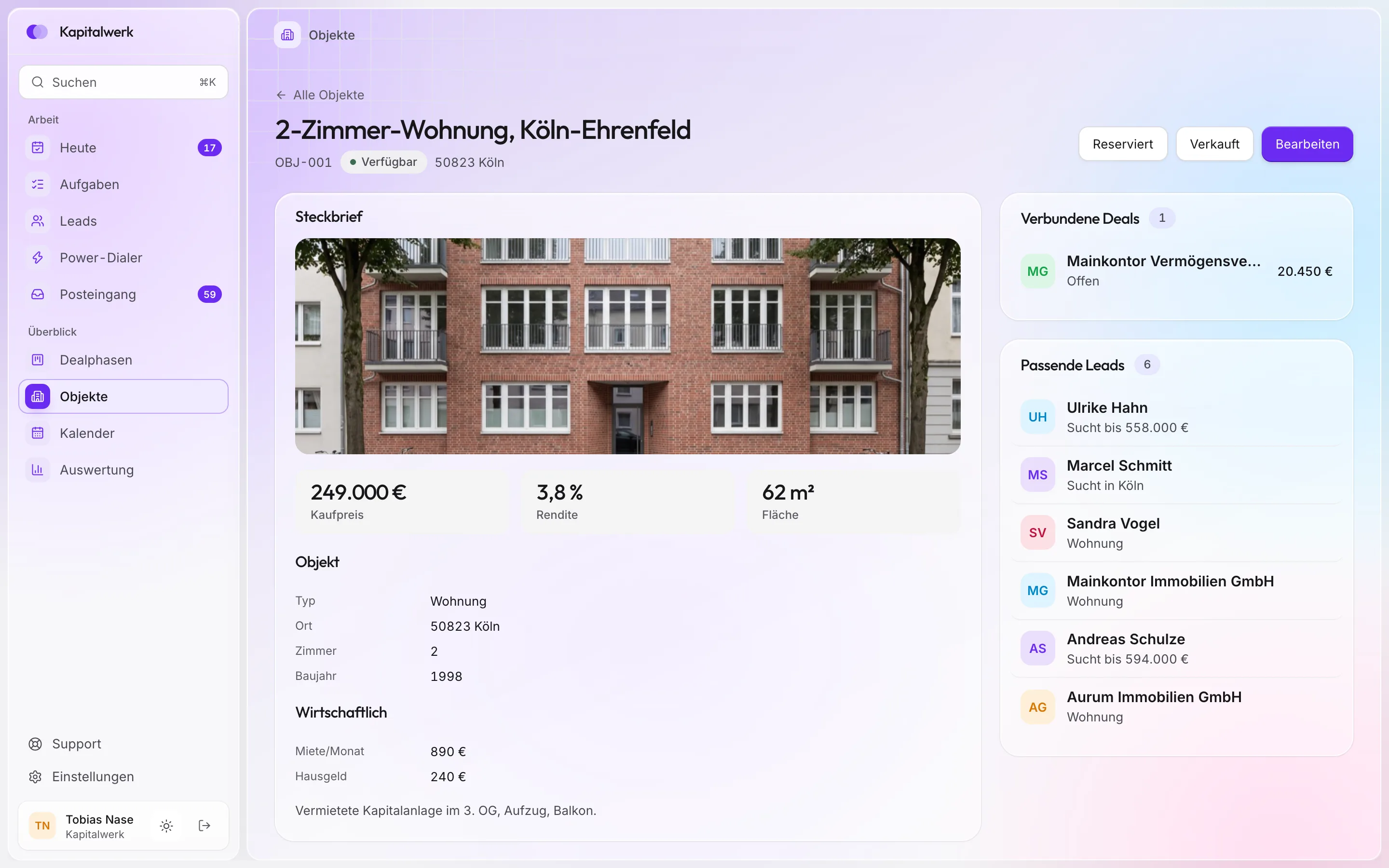 Immobilie OBJ-001 in ClosingHub: Steckbrief mit Foto, Kaufpreis 249.000 €, Rendite 3,8 %, 62 m², Miete und Hausgeld, rechts ein verbundener Deal und sechs passende Leads