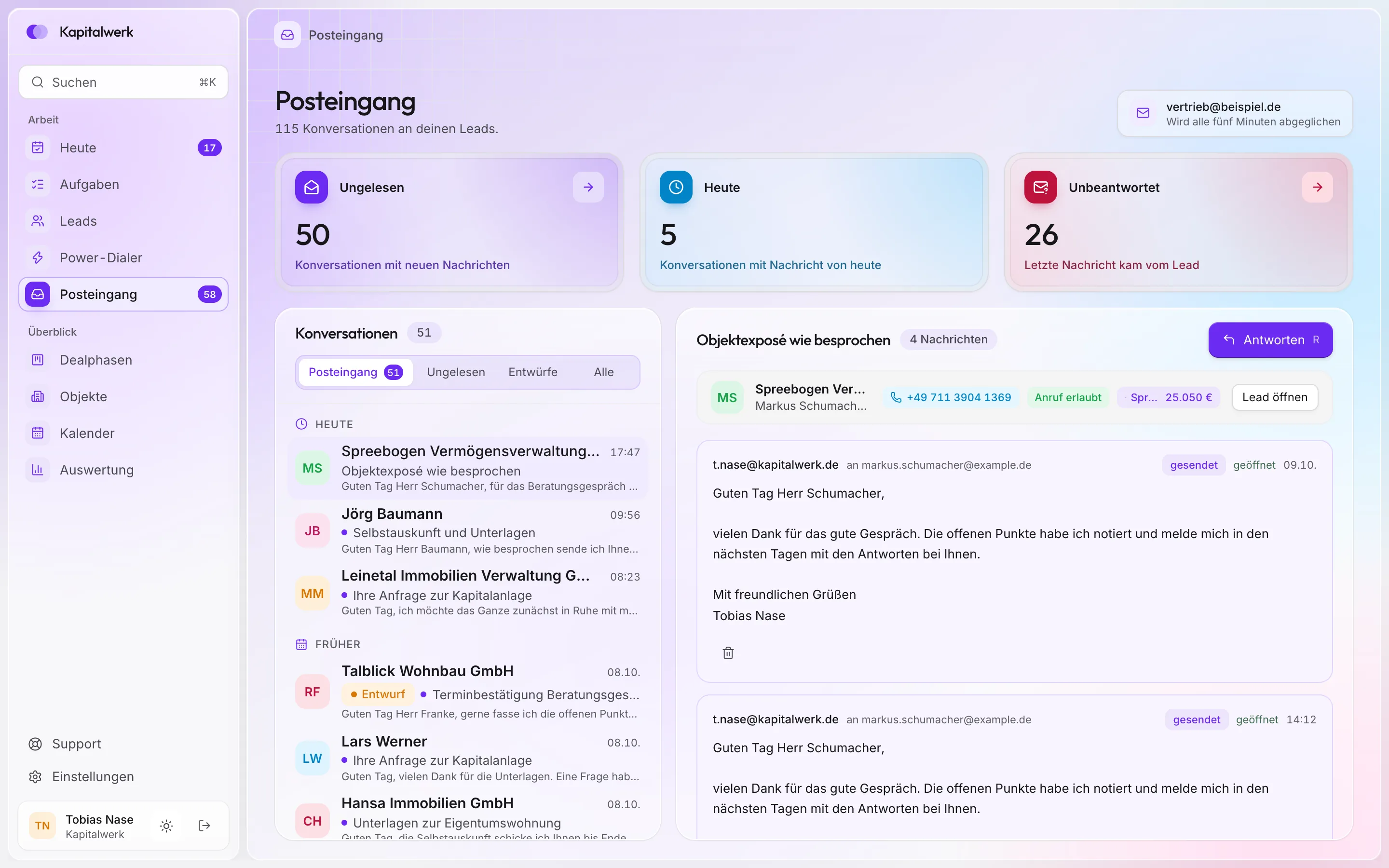 Posteingang in ClosingHub mit Konversationen und Mail-Verlauf
