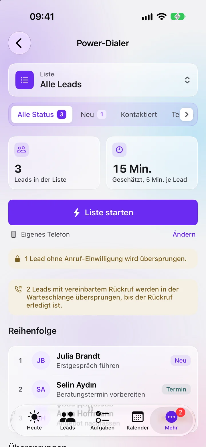 Power-Dialer in der iPhone-App mit Anrufliste und Knopf Liste starten