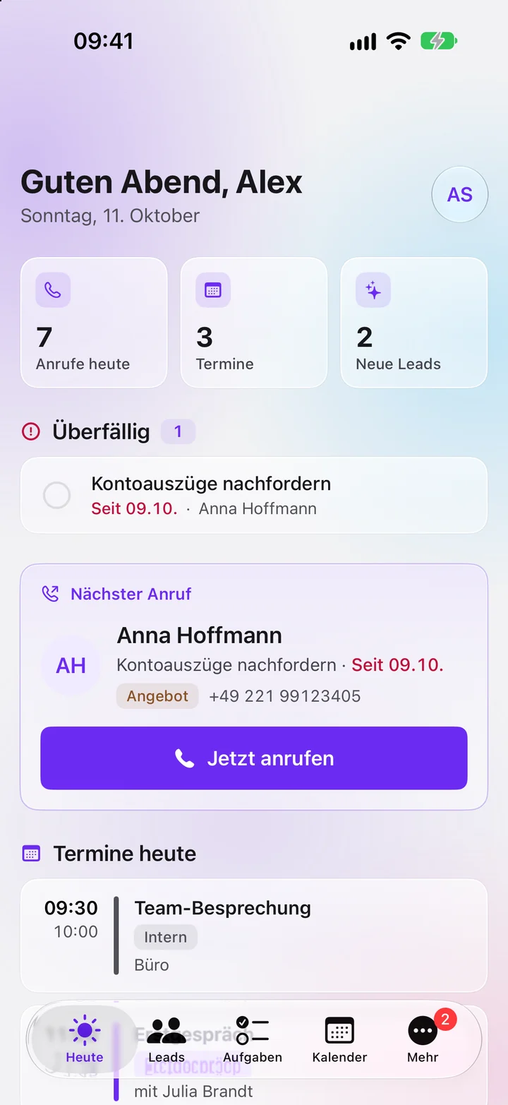 Tagesansicht Heute in der iPhone-App mit nächstem Anruf und Terminen