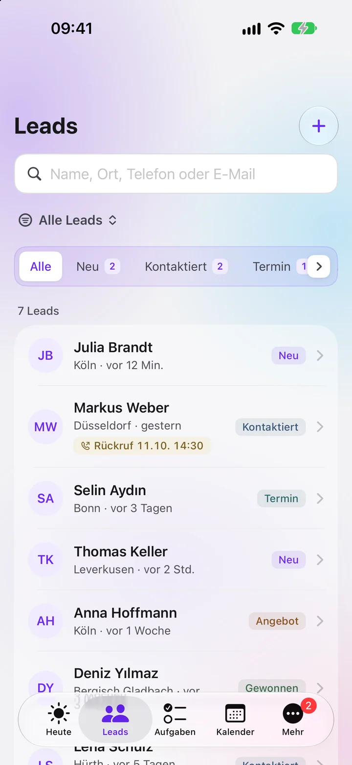 Leads-Liste in der iPhone-App mit Status, Rückrufen und Suche